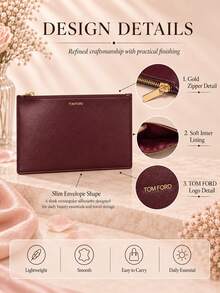 Tom Ford TF Burgundy Envelope Bag, 25*17cm, Single Piece, Lightweight And Smooth, Zipper Closure, Suitable For Travel And Daily Makeup Storage - Red - View 6