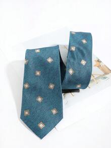 Lake Green & Gold Square Geometric Jacquard Men's Tie, Vintage Textured Business Formal Necktie - Lake Green - View 2