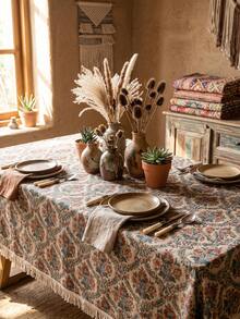 1pc Beige Background Blue Red Green Vintage Paisley Floral Pattern Tablecloth, Retro Bohemian Style Woven Fabric Material, Rectangular Beige Tassel Edge Detail, Stain-Resistant Protective And Decorative Function For Home Dining Table, Suitable For Bohemian Dining Table Decor And Daily Home Scenes - Khaki - View 1