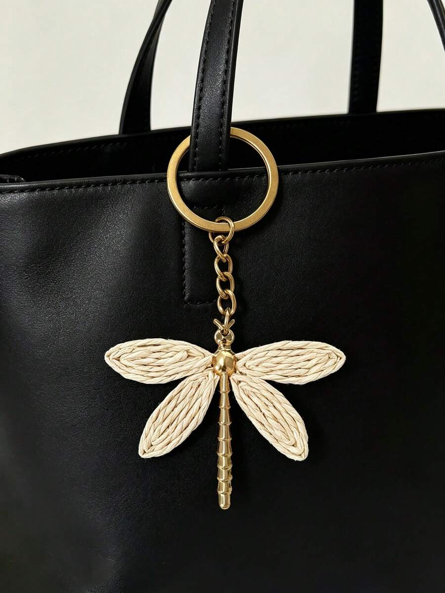Woven Dragonfly Bag Charm, Soft Beige Keychain, Women's Tote Bag Accessory, Versatile Gift Pendant - Multicolor - View 1