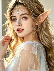 2pcs Halloween Costume Accessories Set, Soft Silicone Pointed Elf Ears & Gold Rhinestone Forehead Chain, Suitable For Women, Halloween Party, Masquerade Ball, Renaissance Fair, Fantasy Cosplay - Multicolor - View 1