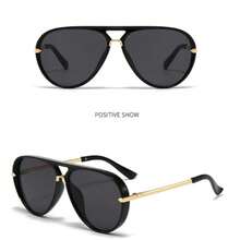 Pilot Frame Decor Eyewear For Women, Metal Temple Full Frame Glasses, Classic Oversized Frame, Daily Outfit Party Travel Fashion Accessories - black gray - View 3