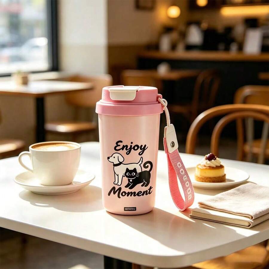 MINISO Officially Licensed Cute Cat & Butterfly Coffee Mug, Portable Leak-Proof Travel Cup, Adorable Cartoon Design, Suitable For Students And Women, Home Life And Daily Office Hydration - Pink - View 1