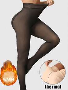 1pc Women's High Waist Thickened Warm Lining Leggings - 220g Winter Warm Leggings, Faux Fleece Lining, Soft Elastic Semi-Transparent Design, Comfortable & Sexy, Suitable For Daily Wear - Multicolor - View 5