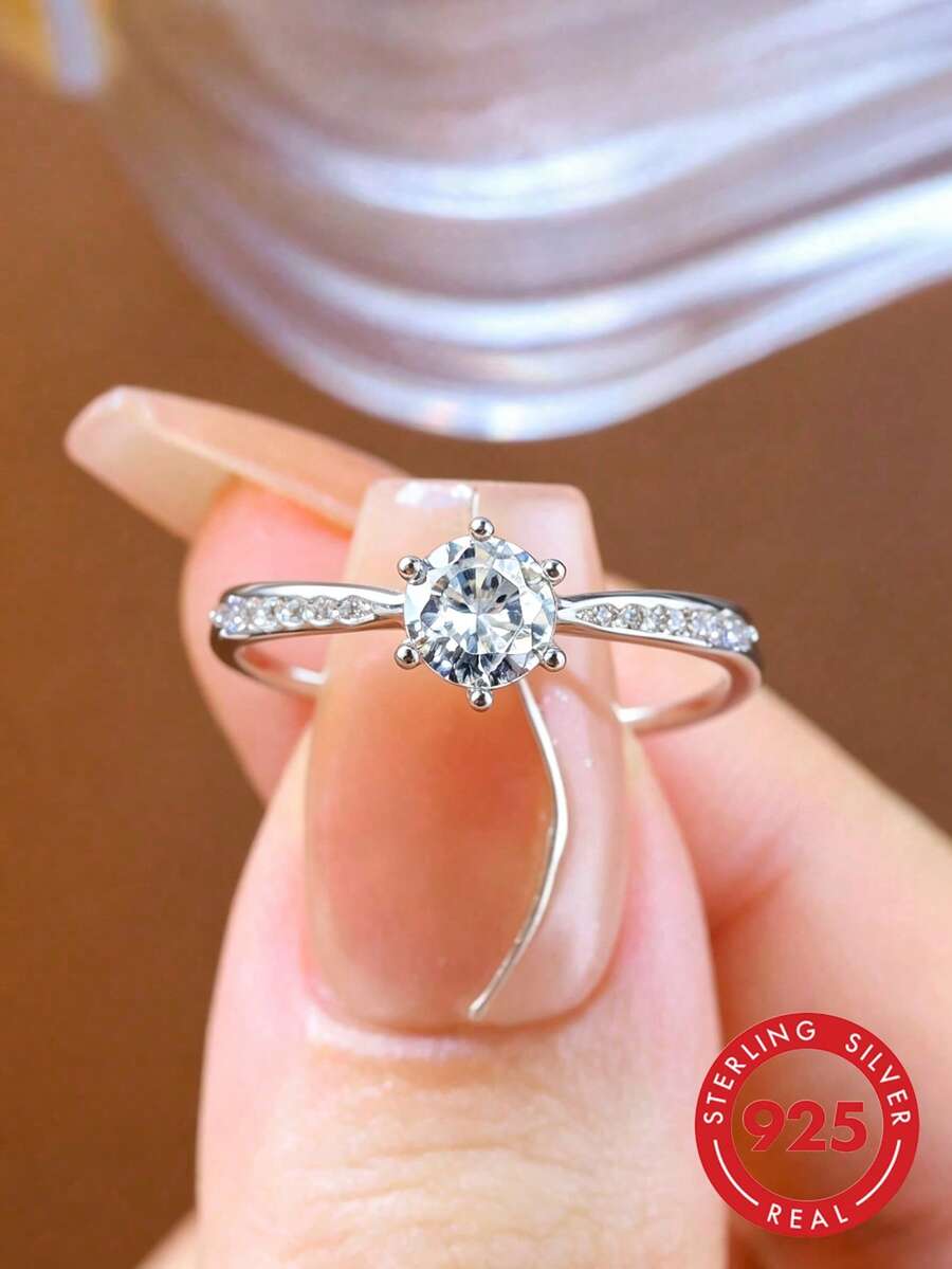 925 Sterling Silver Classic 6-Prong Open Adjustable Micro-Pave Diamond Engagement Ring For Women - White - View 1