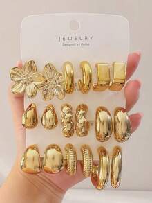 6/18pcs Gold Women Flower/Water Drop/C-Shape/Twist/Square Stud Earrings/Earrings Set, Fashionable Elegant Exquisite Jewelry, Perfect For Daily Wear Women Earring Set - Gold - View 1