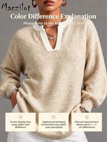 Women Plus‑Size Contrast Trim Notch Neck Knit Pullover, Balloon‑Sleeve Warm Casual Office Sweater For Autumn Winter - Khaki - View 9