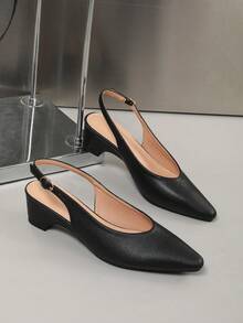女款軟皮革方頭低跟粗跟一腳蹬尖頭鞋，低鞋口通勤上班鞋，日常極簡四季時尚女鞋 - 黑色 - 查看 7
