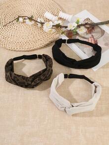 1pc/3pcs Premium Vintage Leopard Print Twisted Headband, Metal Buckle Adjustable Elastic, Minimalist Solid Color Fabric Women's Daily Wear Hair Band - Multicolor - View 2