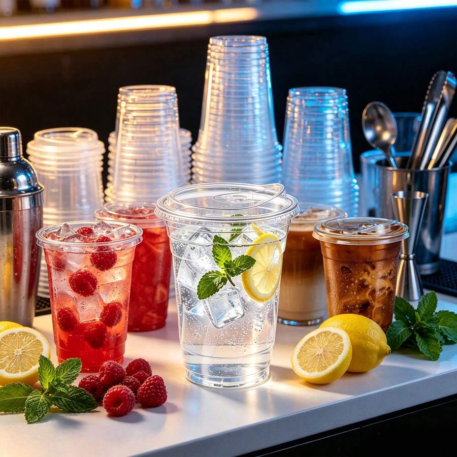 16oz/14oz Set Clear Cups With Lids, Sturdy Straight Lid Iced Drink Cups, Disposable Smoothie Cups, Suitable For Cold Drinks, Juice And Milkshakes - Halloween/Christmas/Birthday Party Essentials - Transparent - View 1