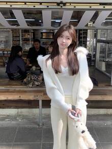 White V-Neck Lace Brushed Base Layer Slim Fit Innerwear Women Autumn Winter Blouse - White - View 9