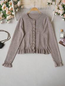 French Gentle Style Ruffle Trim Knitted Cardigan For Women, Early Autumn Short Cropped Gold Button Waist-Cinching Slimming Sweater Jacket, Versatile For Daily Commute And Date - Khaki - View 6