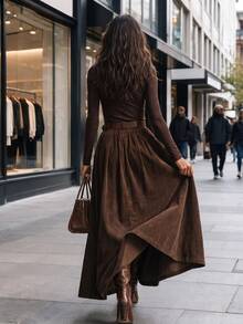 Women's Vintage Brown Corduroy Long Dress, High Waist Tie A-Line Flowy Maxi Dress, Autumn/Winter Holiday Outfit, Thanksgiving, Christmas, New Year - Coffee Brown - View 4