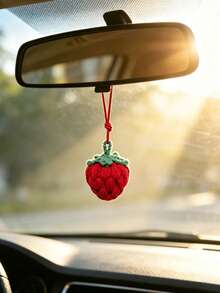 1pc Handmade Woven Strawberry Car Rearview Mirror Hanging Decoration, Car Interior Decor Accessory, Vehicle Decorative Accessory - A - View 2