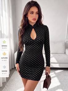 Women's Fashion Elegant Minimalist Polka Dot Lace Patchwork Cheongsam Collar Frog Button Design Slim Fit Short Dress - Black - View 4