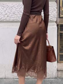 1pc Spring/Autumn Premium Coffee-Colored Lace Patchwork Hem Drape Slimming Skirt, Casual Commute - Brown - View 3
