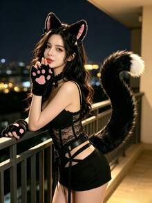 Set 3 Buah Bando Telinga Kucing Bulu dan Bando Telinga Kucing Ekor Rubah, Aksesoris Harian untuk Halloween, Natal, dan Festival Lainnya - MultiWarna - View 2