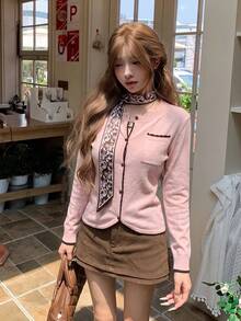 Pink Slouchy Sweet Tie-Knit Sweater Women Autumn/Winter Inner Layer Petite Unique Pretty Outerwear Top - Pink - View 3
