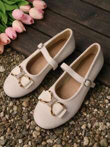 Women's Round Toe Rhinestone Bow Strap Flat Shoes, Sweet Elegant Casual Daily Ballet Flats - White - View 6