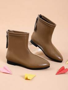 1 Pair Girls Vintage Camel Glossy Back Zipper Ankle Boots Suitable For Photography Shooting And Outdoor Outings Matching - Camel - View 5