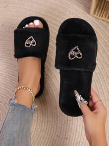 Premium Fashion Heart Decor Plush Slippers For Women Soft Comfortable Lightweight Sole Suitable For Living Room And Bedroom Home Use All Seasons - Black - View 1