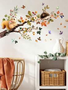 Watercolor Autumn Tree Branch Squirrel Hedgehog Wall Decal, Flowers Autumn Leaves Butterfly Self-Adhesive Removable Kids Room Wall Decoration Sticker - Multicolor - View 5