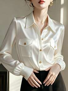 Women's Autumn Solid Color Satin Front Button Pocket Office Shirt, White - White - View 1