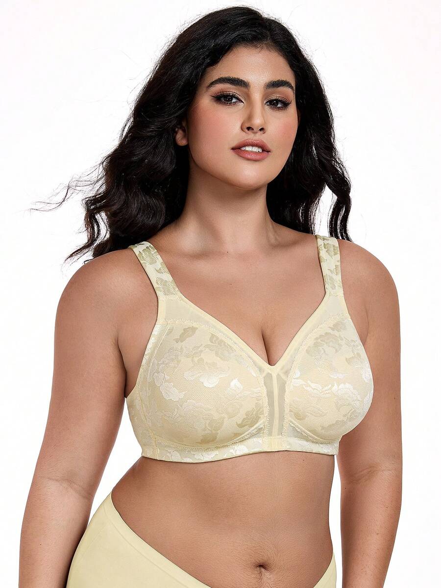 Wingslove Plus Size Wireless Cream-Colored Bra, Made Of Breathable Mesh Fabric, With Adjustable Wide Straps, Soft And Supportive For Comfortable Daily Wear