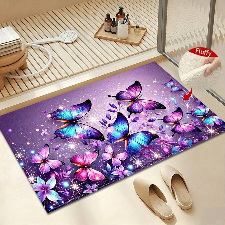 1pc Blue & Purple Butterflies Print Design Microfiber Bath Rug,Non‑Slip Soft Bathroom Mat,Water‑Absorbent Doormat,Machine Washable,Low Pile,TPR Backing,Knit Fabric,ForBedroom,Kitchen,Entryway Indoor Use,Accessories & Home Decor,Perfect New House Gift - A - View 1