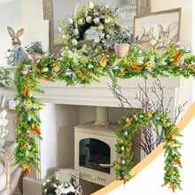 Easter Garland Spring Vine With Easter Eggs, Bow, Carrots Decorations, Spring Assorted Branches Flower Decor, Easter Decorations For Home Kitchen Mantle Fireplace, Indoor Outdoor Holiday Party Decor - Green - View 2
