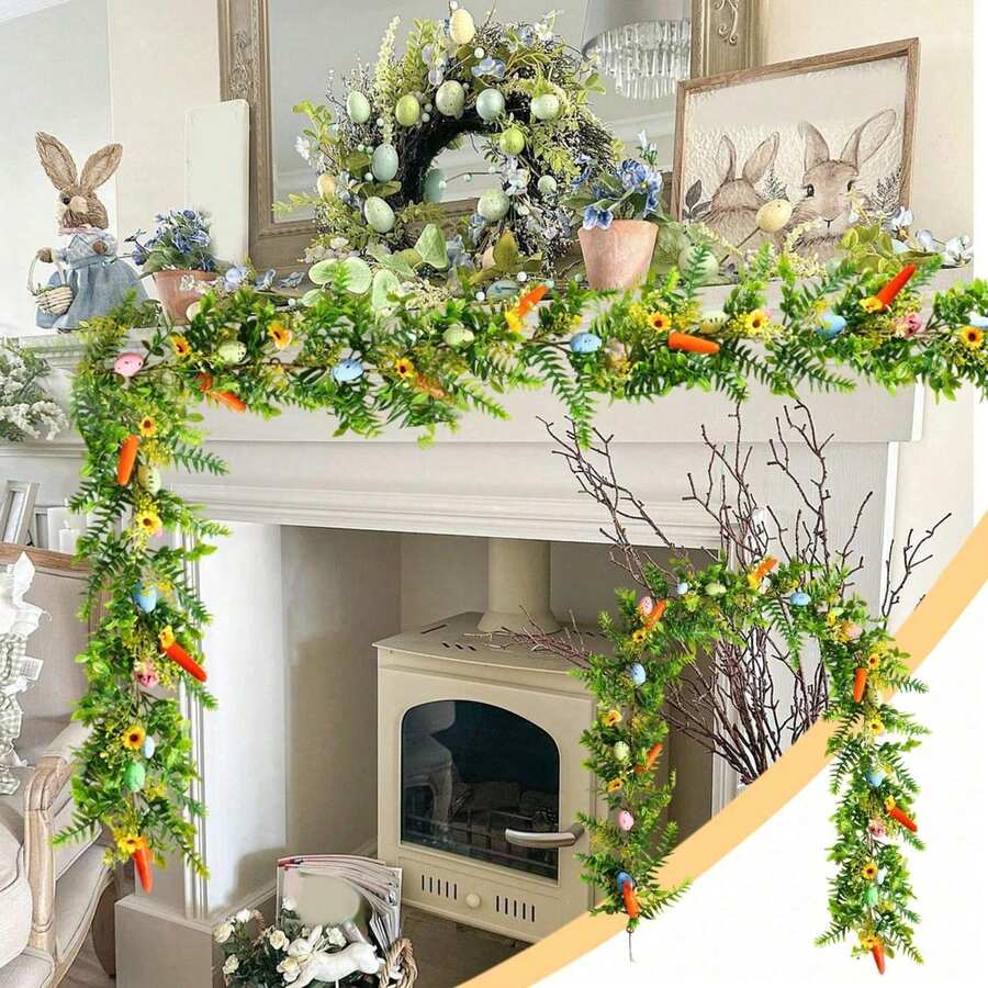 Easter Garland Spring Vine With Easter Eggs, Bow, Carrots Decorations, Spring Assorted Branches Flower Decor, Easter Decorations For Home Kitchen Mantle Fireplace, Indoor Outdoor Holiday Party Decor