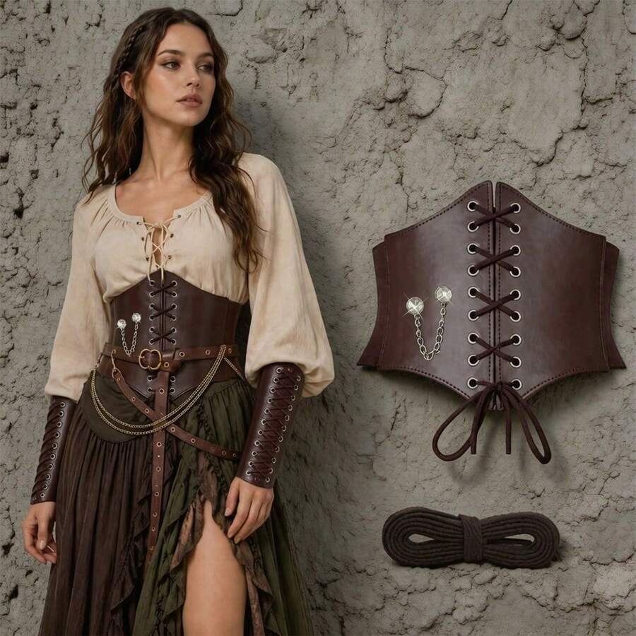 Medieval-Style Faux Leather Waist Corset, Decorated With Dazzling Rhinestone Chain, Creates Authentic Retro Renaissance Look For Dance & Party Dress-Up - Vintage Waist Cincher for Dance Costume - View 1