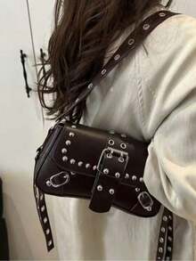 Vintage Punk Silver Rivet Multi-Buckle Saddle Crossbody Bag, Wide Eyelet Strap Faux Leather Motorcycle Shoulder Bag, Y2K Street Style Small - Coffee - View 7