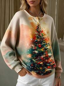 Plus Size Women's Christmas Print Loose Casual Stand Collar Three-Button Crew Neck Sweatshirt - Apricot - View 4