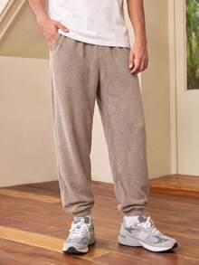 Whitmere Men's Khaki Soft Vertical Stripe Jogger Sweatpants, Elastic Waist Loose Casual Tapered Long Pants - Khaki - View 2