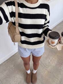 Women's Round Neck Striped Knit Sweater, Drop Shoulder Loose Fit Vintage Pullover Top, Suitable For Campus, Party And Daily Occasions - Black and White - View 5