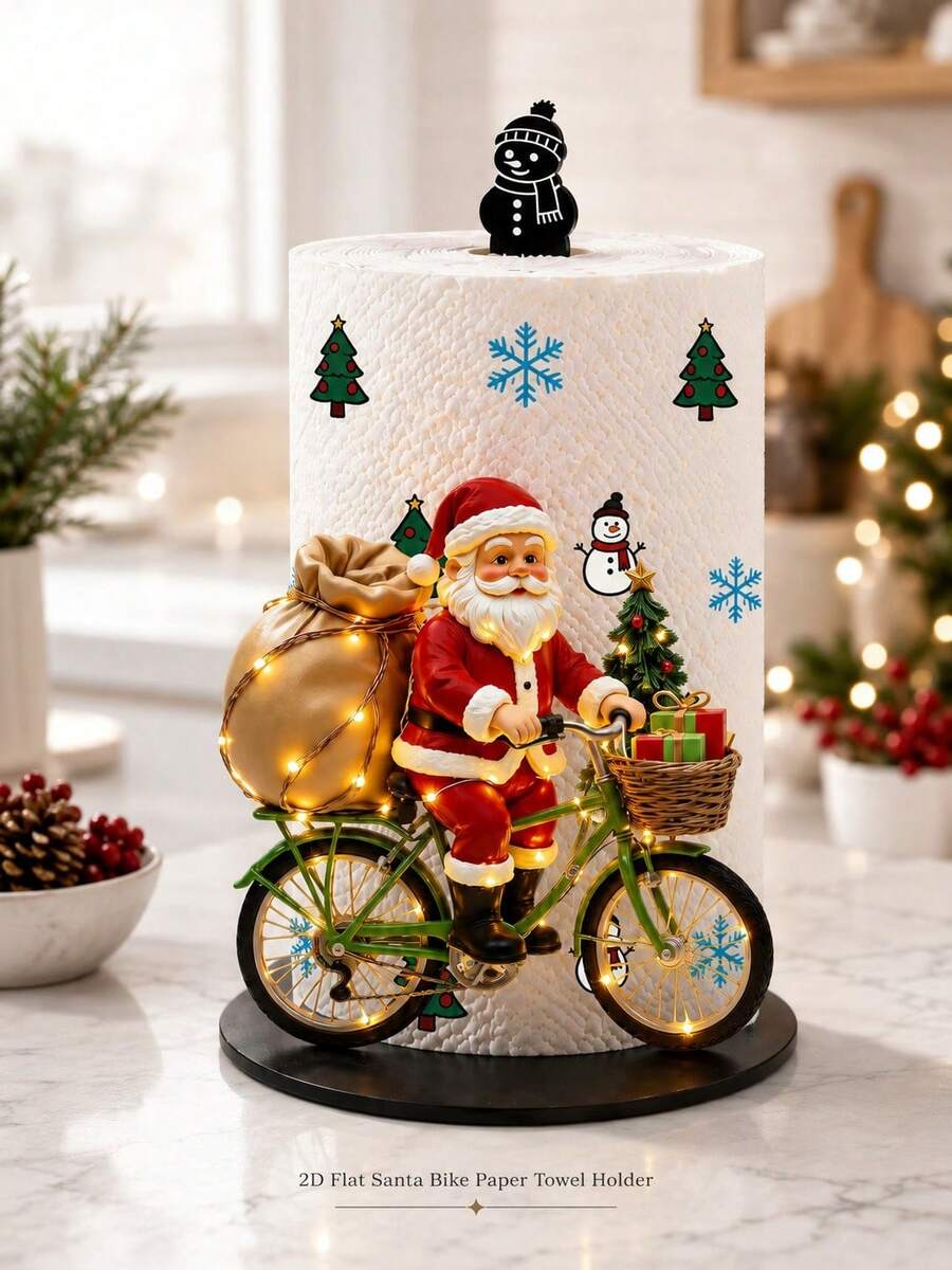 2D FLAT Christmas Decorative Kitchen Paper Towel Holder (No Power Light) - Desktop Tabletop Roll Holder (Combines Display And Storage Functions), Fun Cycling Santa Claus Design, Suitable For Kitchen, Bathroom, Living Room And Dining Room, Decorative Ornament To Create A Warm Christmas Atmosphere - Multicolor - View 1
