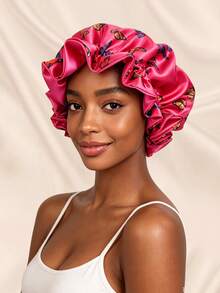 Double Layer Colorblock Satin Sleep Cap Wig Cap - Rose Pink Butterfly Lace Hat - View 6