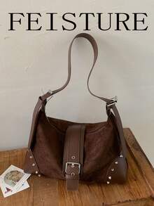 FEISTURE 1pc Rivet Embellished Women's Underarm Bag, Suede Crescent Shoulder Bag, Suitable For Girls, Ladies, College Students, New Professionals And White Collar Workers, Perfect For Work, Business, Commuting, School - Coffee - View 5