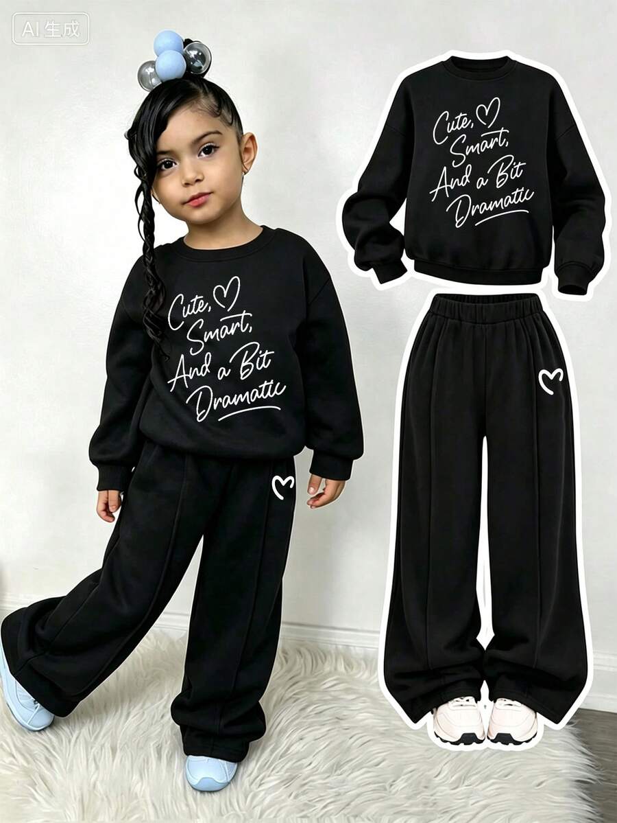 Atasan dan Celana Lengan Panjang Leher Bulat dengan Motif Kartun Anak Perempuan - Hitam - View 1
