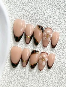 10pcs/Set Autumn Vintage Minimalist Handmade Press-On Nails, Polygel Nail Art Set, Floral Brown Nail Polish, Chinese Carved Style, 3 Sizes Available, Almond/Duck/Coffin Shape, Suitable For Party, Dancing, Daily Wear (Handmade Details May Vary) - Multicolor - View 3