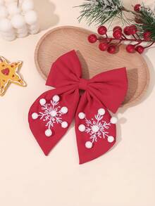 1pc Christmas Red Snowflake Embroidered Pom Pom Bow Hair Clip, Girls Winter Hair Accessory, Party & Daily Wear - Red - View 4