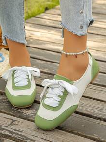 Women's Square Toe Satin Colorblock Lace-Up Ballet Style Sneakers, Ruched Heel Flat Casual Athletic Shoes, 1 Pair - Green - View 5