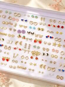 14/21 Pairs Cute Enamel Stud Earrings Set, Gold Butterfly Heart Flower Star Cherry Design, Daily Wear Stackable Earrings Gift For Women And Girls - Exquisite Stud Earrings - View 8