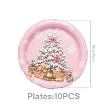 50Pcs Pink Christmas Disposable Paper Tableware Kit, Santa Claus Gingerbread Man Xmas Tree Printed Paper Plates Cups Napkins, Pink Christmas Holiday Party Table Decorations - Multicolor - View 10
