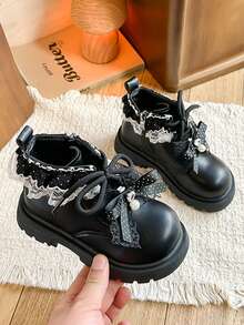 1 Pair Girls Dark Style Ankle Boots Pearl Polka Dot Bow Soft Leather Thick Sole Non-Slip Princess Boots - Black - View 1