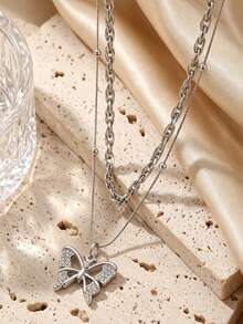 2/1 Pc Fall Decor Layered Butterfly Pendant Necklace Set Double Chain Inlaid Rhinestone Clavicle Necklaces Women Fall Style Jewelry Women - Silver - View 1