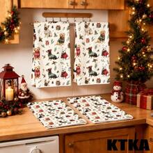 2Pcs Christmas Kitchen Dish Towel Set, Cute Puppy Christmas Sweater Print, Xmas Kitchen Decor Hand Towel, Christmas Holiday Gift - Apricot - View 2