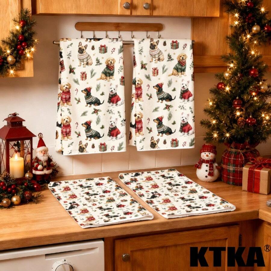 2Pcs Christmas Kitchen Dish Towel Set, Cute Puppy Christmas Sweater Print, Xmas Kitchen Decor Hand Towel, Christmas Holiday Gift