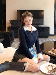 Korean Style Soft Sexy Aesthetic Patchwork Faux Fur Collar Cable Knit Contrast Color Sweater Women Autumn Winter Inner Layer Base Layer Slim Fit Elegant Top - Navy Blue - View 5